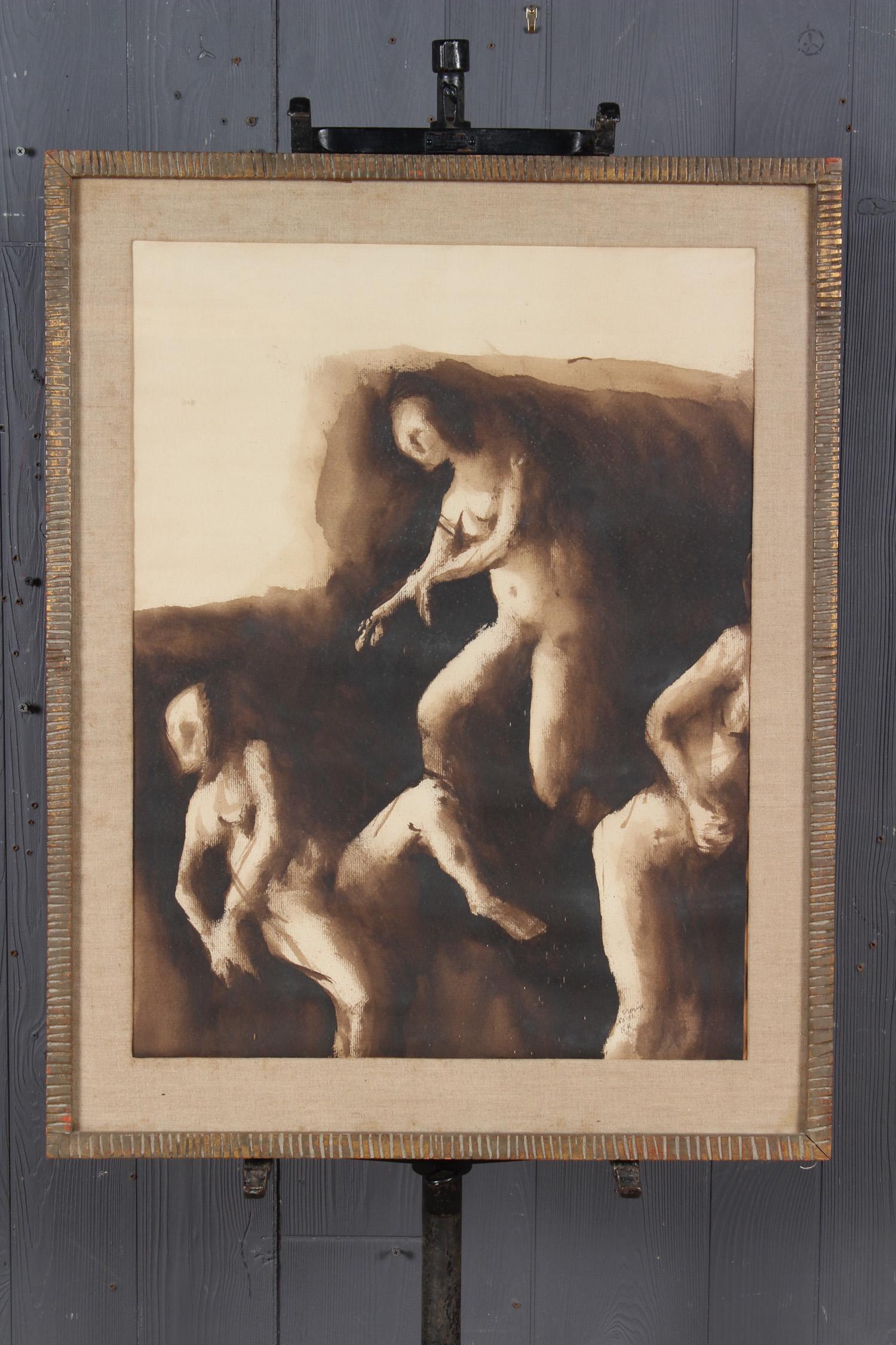 3 Witches Toiling Inkwash Signed Cronin: Signed Cronin 60-61 NY. Size: Framed: 30.5" H x 24" W x 2" D; Sight: 24.5" H x 19" W
