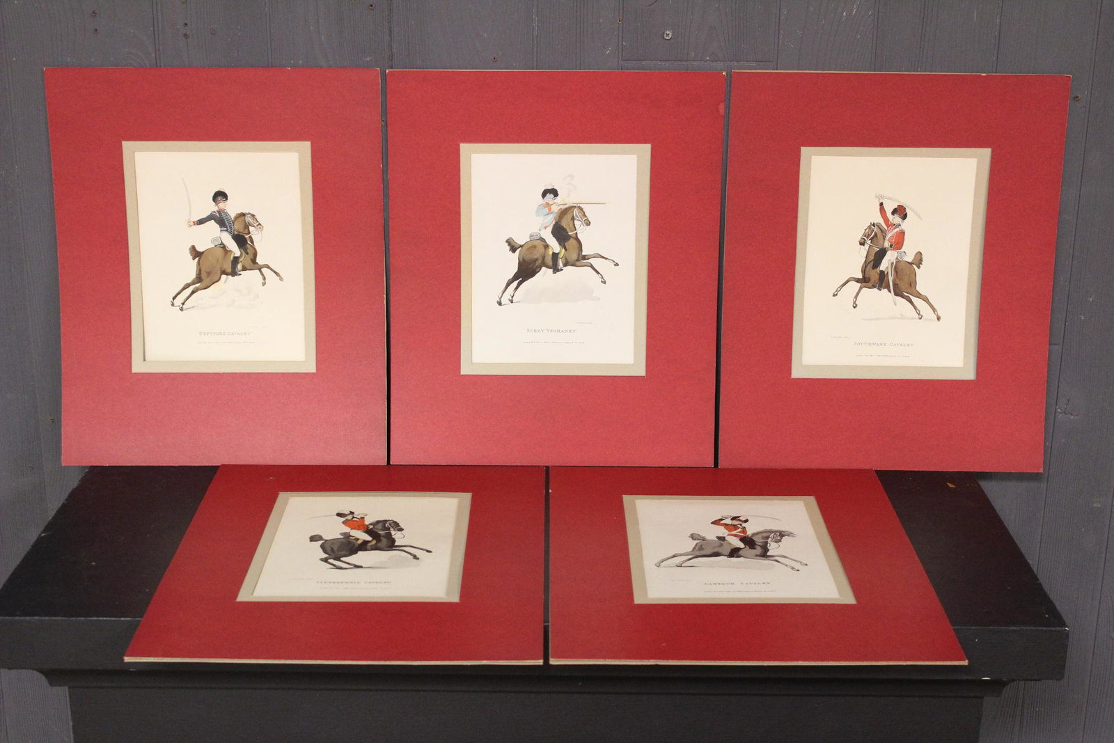 Suite of 5 Rowlandson Delin Calvary Prints: Suite of 5 Rowlandson Delin Calvary Prints. Size: Mat: 17" H x 14" W; Sight: 9" H x 7" W