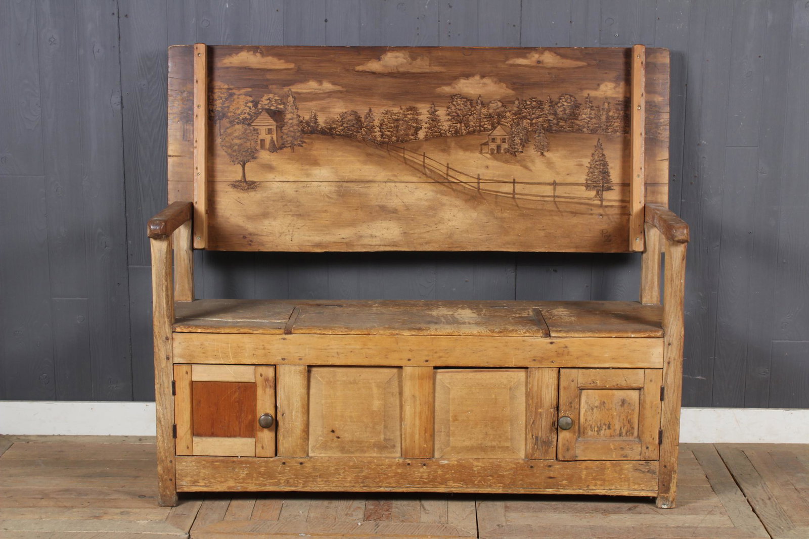 Ink Wash Decorated Deacon's Bench: Ink Wash Decorated Deacon's Bench, initialed PZ. Size: Open: 49" H x 59" W x 22" D