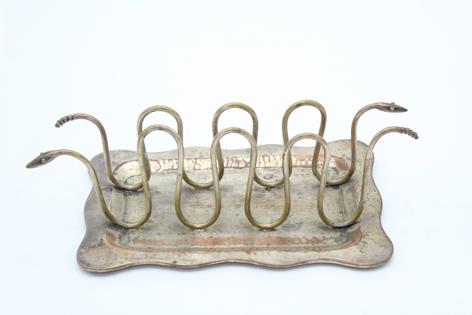 Mexican Silver Plate Snake Motif Toast Rack: Mexican Silver Plate Snake Motif Toast or letter rack. Marked Emilia Castillo. Size: 3 1/2" x 10 1/2" x 5 3/4"