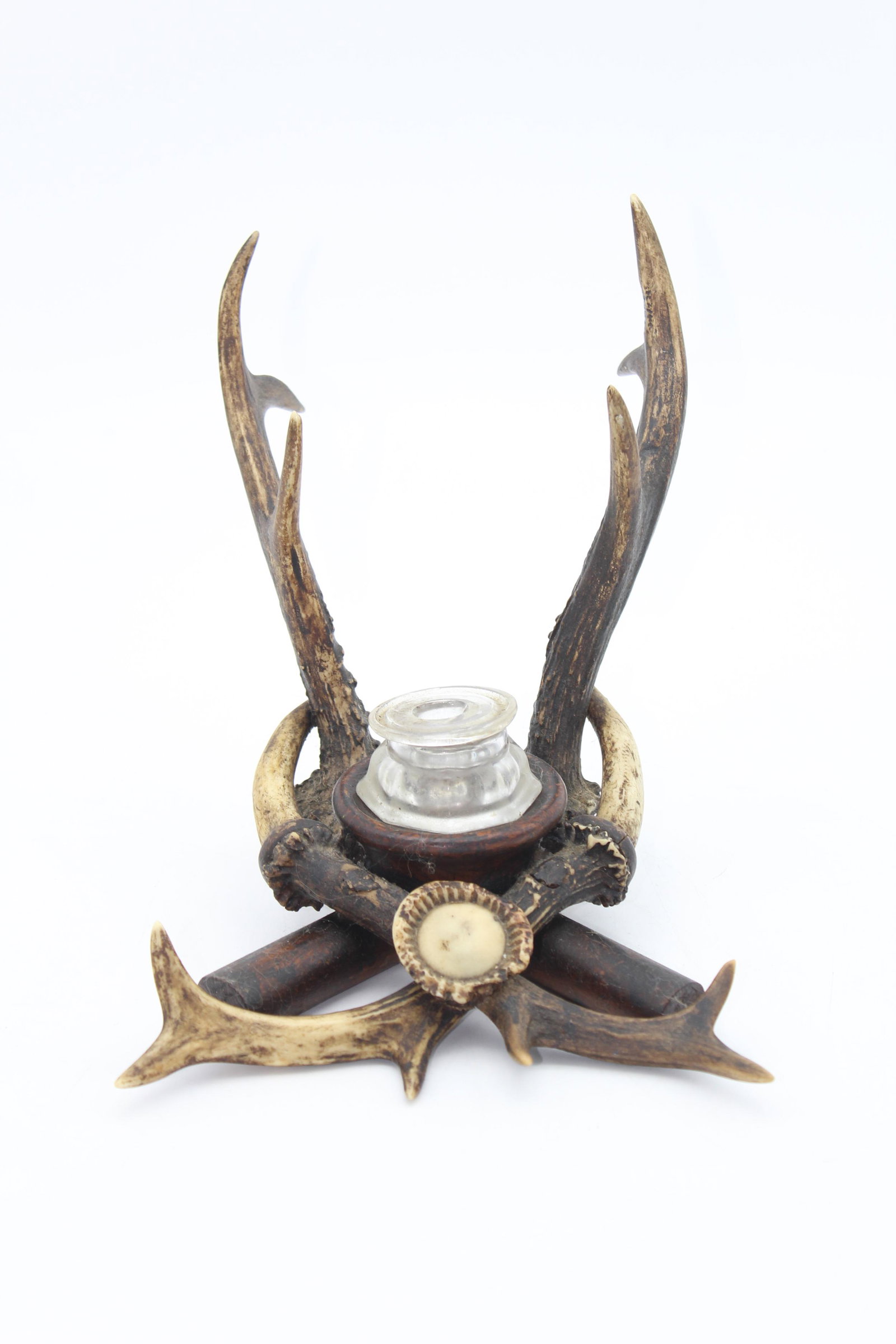Antique Antler Standish Inkwell: Antique Antler Standish Inkwell. 8" x 9 1/2" x 7 1/4"