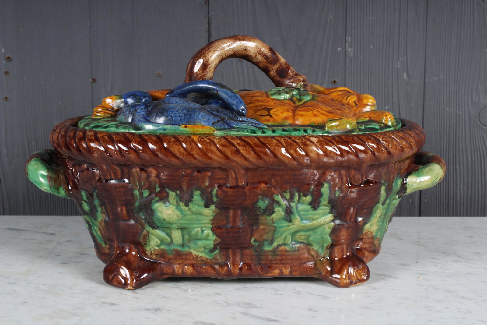 Majolica Game Dish: Majolica Game Dish. Size: 8" H x 14.5" W x 8.5" D