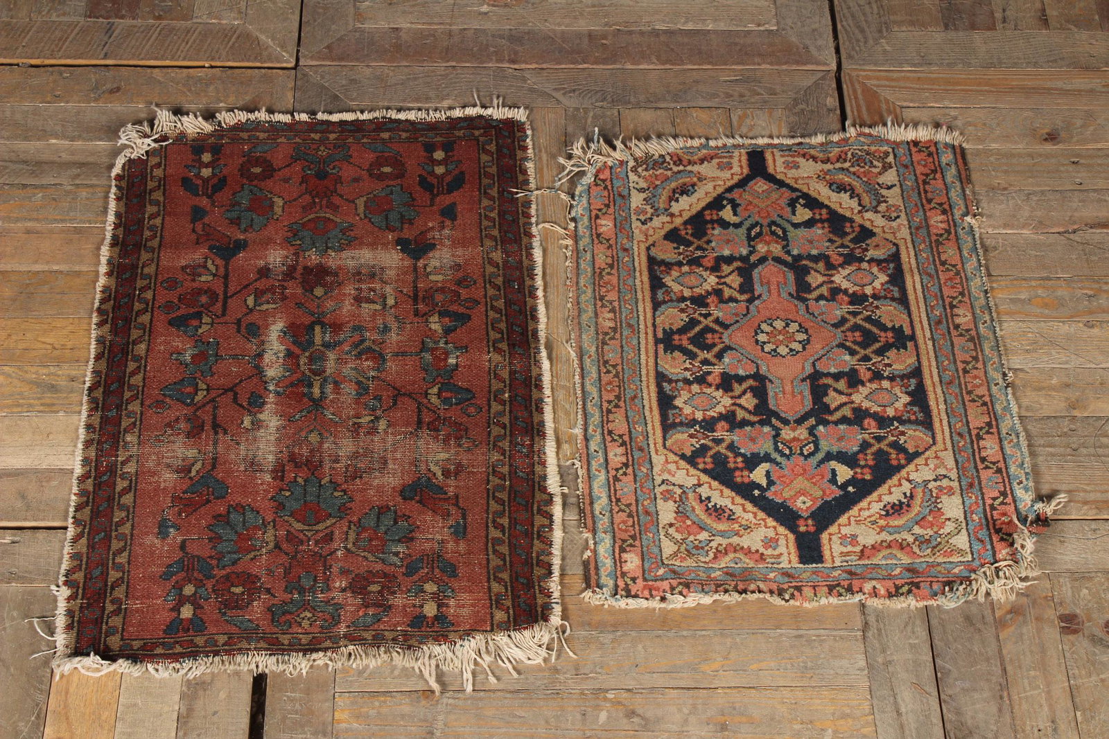 2 Antique Carpet Mats: 2 Antique Carpet Mats. Size: Largest: 33.5" L x 22.5" W