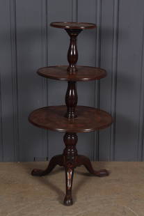 Early 19th C Dutch 3 Tiered Stand: Early 19th C Dutch 3 Tiered Stand. Marquetry inlaid fruitwood stand with graduated shelves on turned post and raised on cabriole tripod base on pad feet. Size: 46" x 24" diameter.