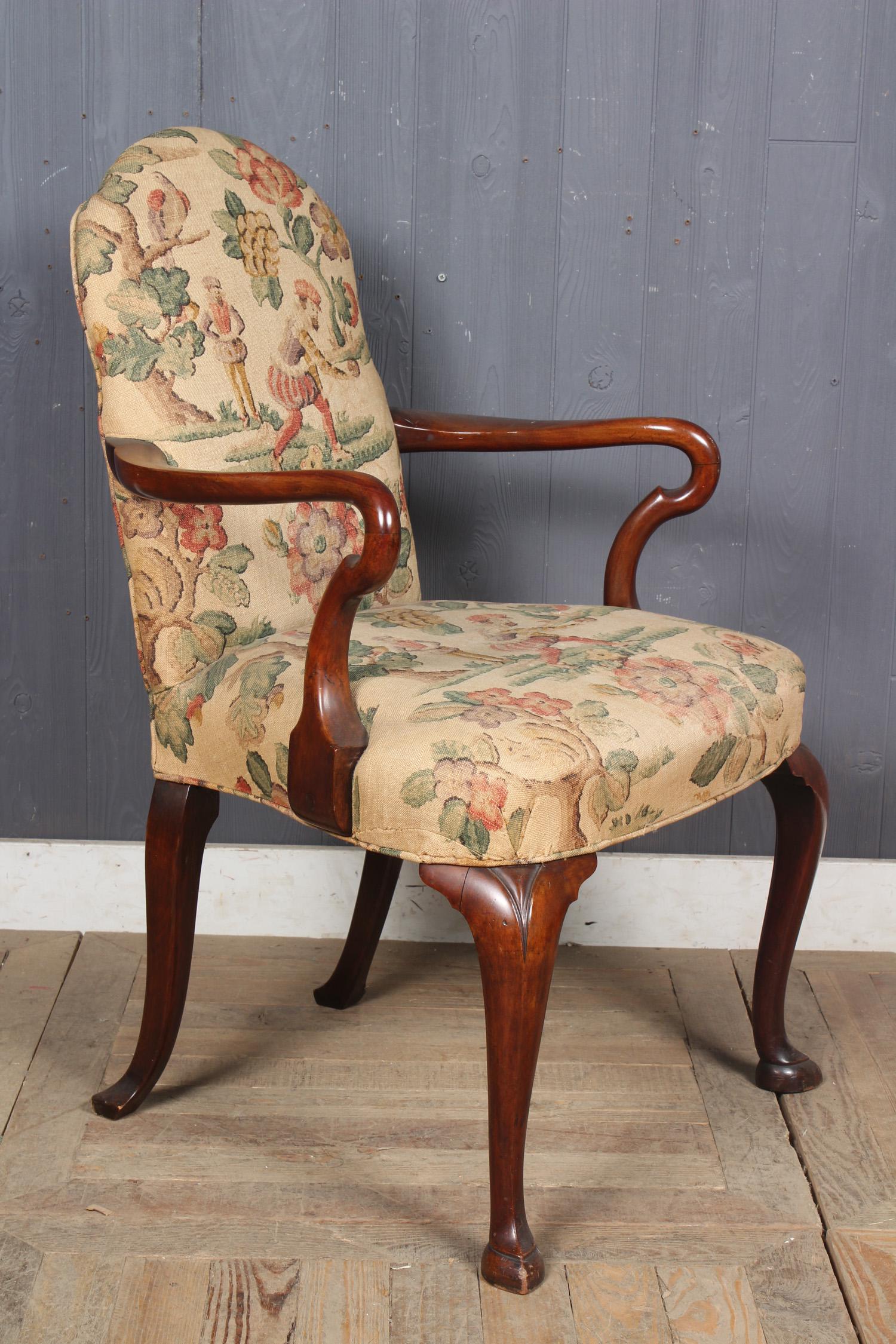 Queen Anne Style Linen Upholstered Armchair: Queen Anne Style Linen Upholstered Armchair. Printed tapestry motif. Size: 37.5" H x 24" W x 25" D