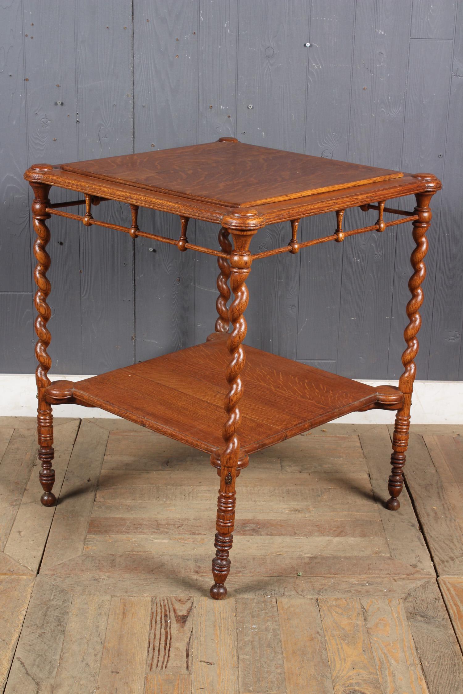 Barley Twist Quartersawn Table: Barley Twist Table, with stick and ball apron, lower tier shelf. Size: 29" H x 23.5" W x 23.5" D