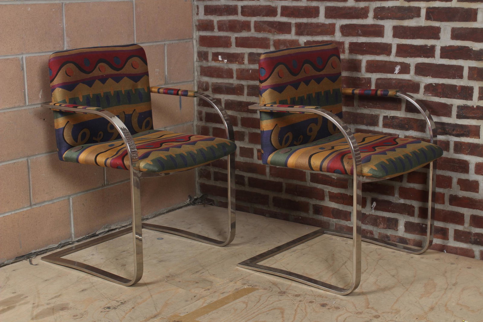 Memphis Style Chrome Armchairs: Memphis Style Chrome Armchairs. Size: 33" H x 23.5" W x 24" D