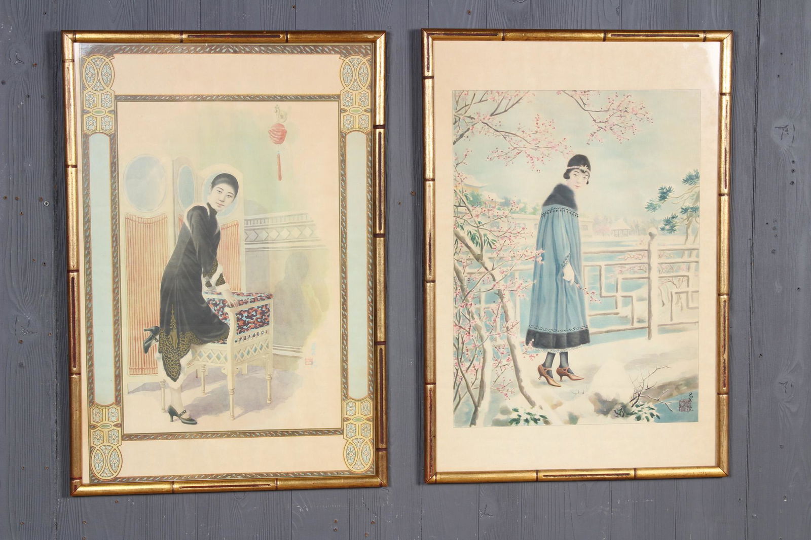 Pair Antique Chinese Pinups: Pair Antique Chinese Pinups. Size: Framed: 32" H x 22" W x 1" D; Sight: 29.5" H x 19.5" W