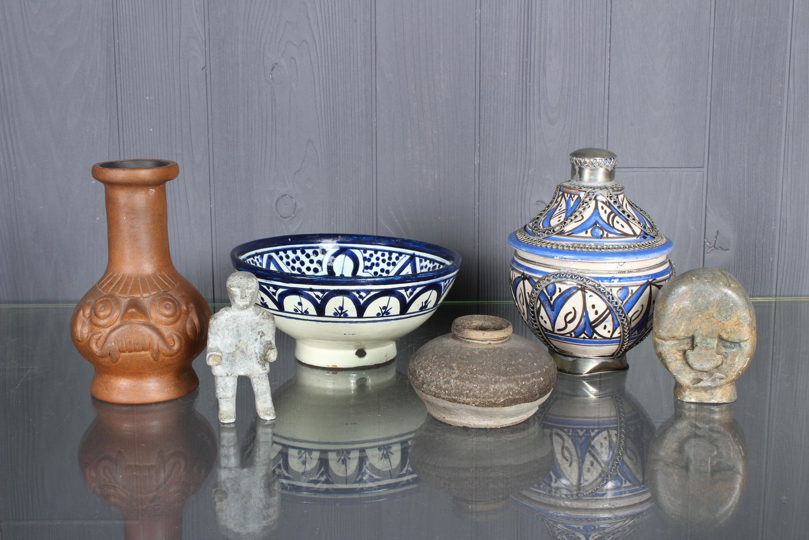 6 Piece Estate Lot Including Asian and Inuit: A 6 piece estate lot including Asian, 2 glazed bowls, Inuit, and a carved head. Size: Bowl: 4" H x 8" W x 8" D