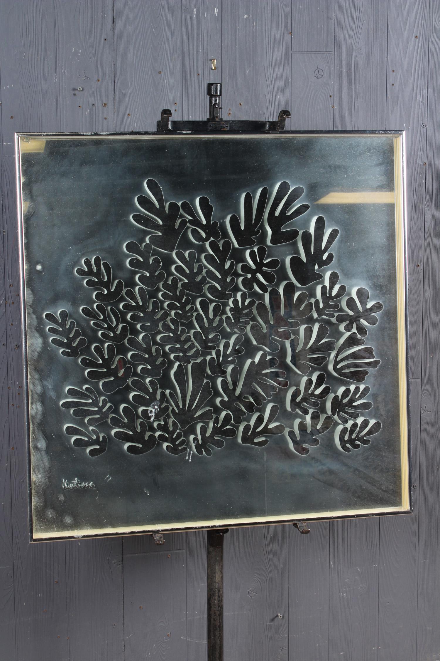Fernand Mann Matisse Design Mirror: Fernand Mann Matisse Design Mirror, labeled on back "Hand Silk Screened Mirror, 6006/30, Designed by Fernand Mann for Modern Classics NY 10003". Size: 30.5" H x 30.5" W x 1.5" D