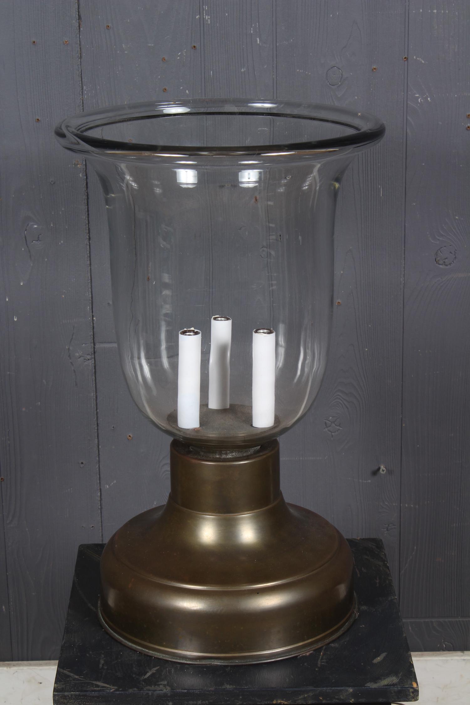Hurricane Lamp: Hurricane Lamp, glass shade with copper base, triple light. Size: 20.5" H x 13" W x 13" D