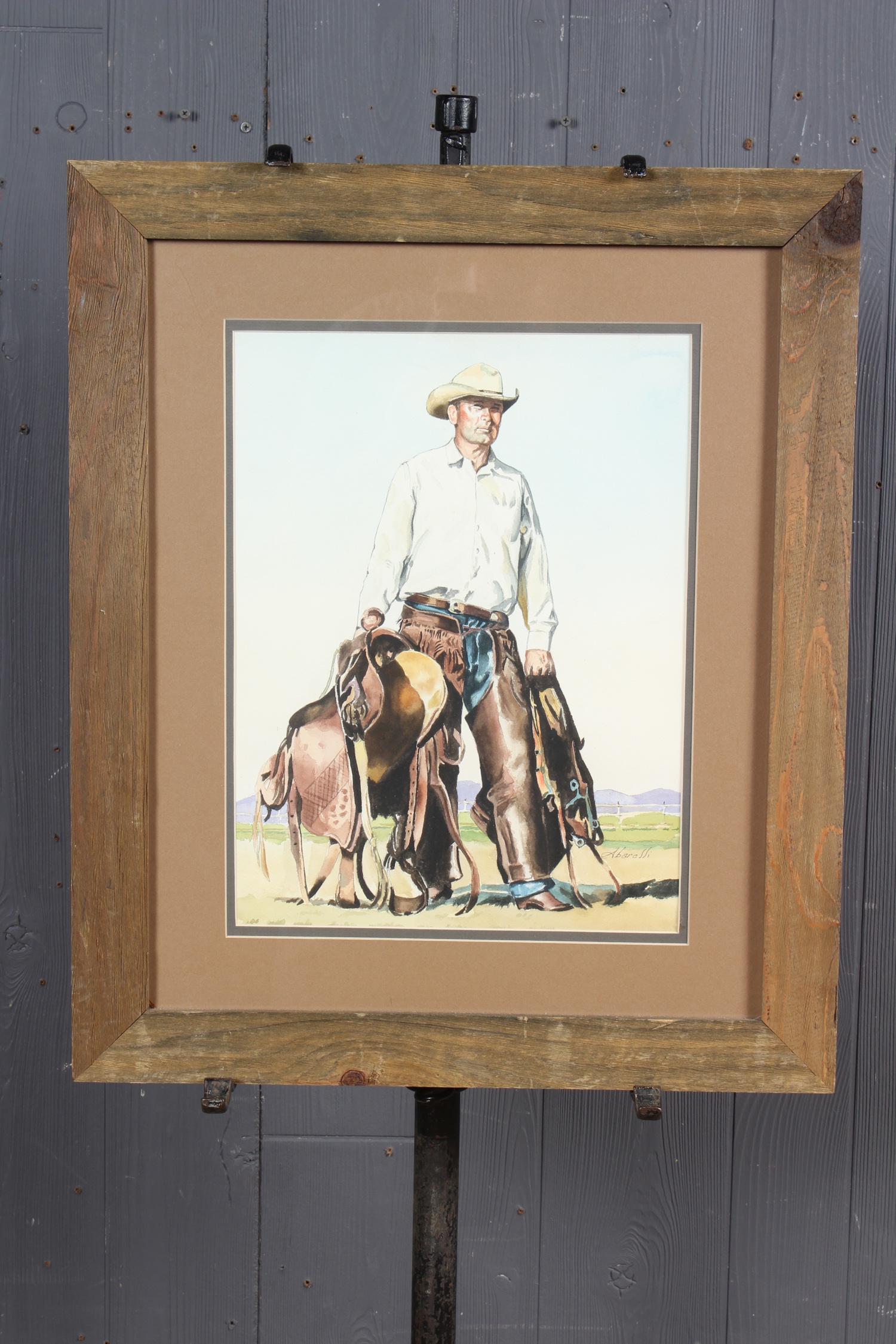 Cowboy Watercolor Signed Abarelli: Cowboy Watercolor Signed Abarelli, depicting cowboy holding a saddle. Size: Framed: 24.5" H x 20.5" W x 1" D; Sight: 15.5" H x 12" W