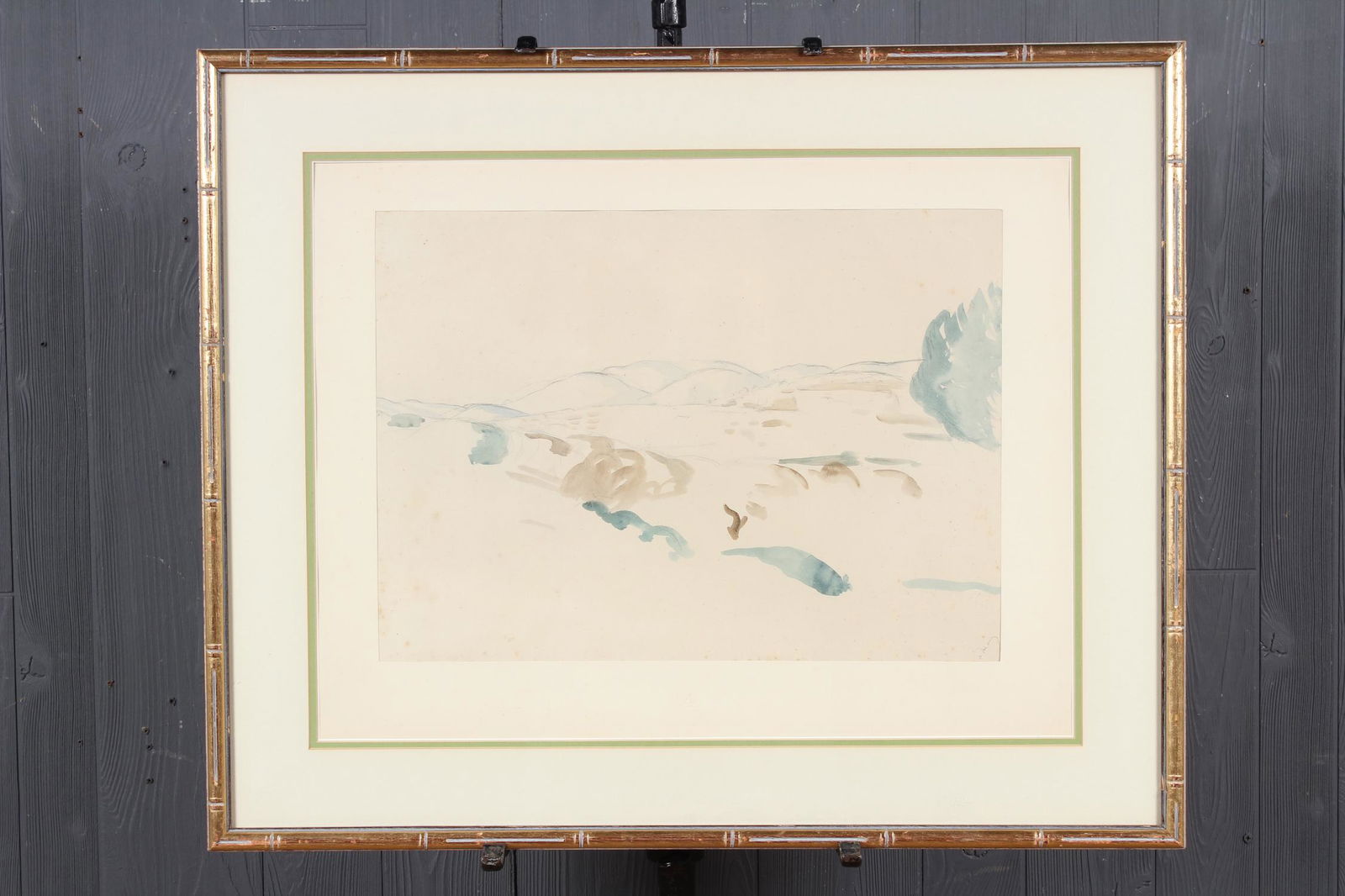 Landscape Watercolor in the Manner of Andre Derain: Landscape Watercolor in the Manner of Andre Derain. Size: Framed: 26" H x 31.5" W x 1" D; Sight: 14.5" H x 20" W