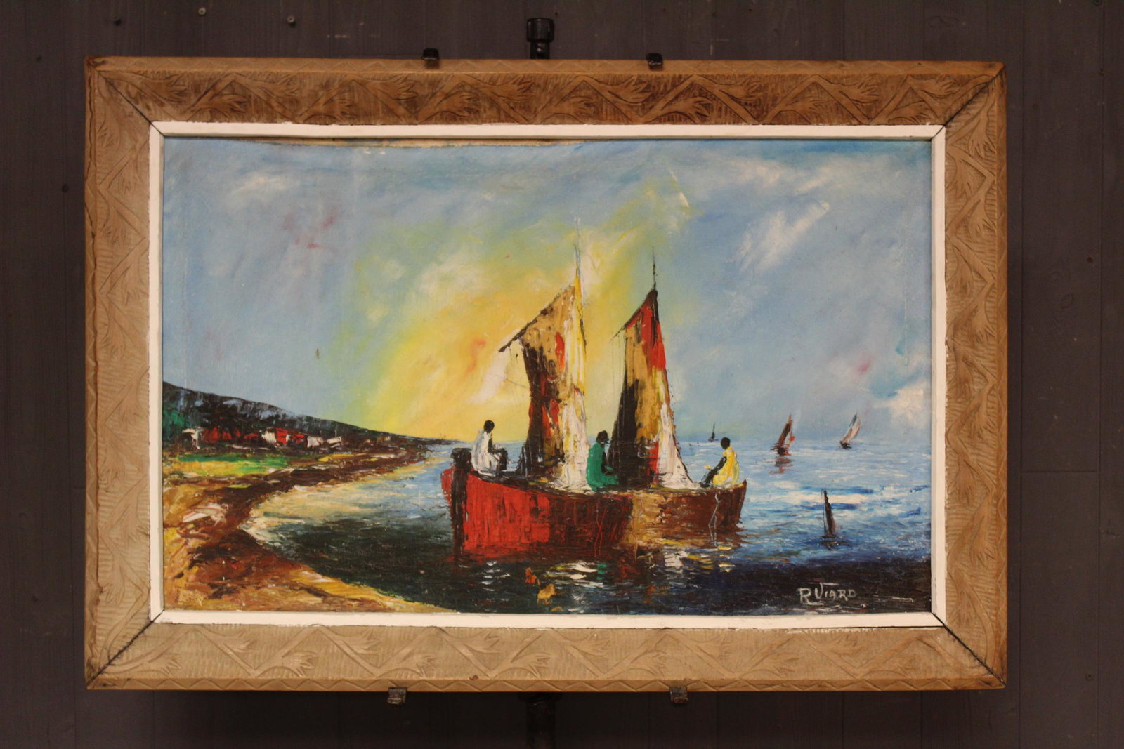 Raoul Viard "Bale De Montrouis" Oil On Canvas: Raoul Viard "Bale De Montrouis" Oil On Canvas, (Haitian, 1923-1991), signed lower right, label affixed to verso "V-224 "Bale de Montrouis" par Raoul Viard, de l'ecole Romantique Haitienne, Lou Fleck, 