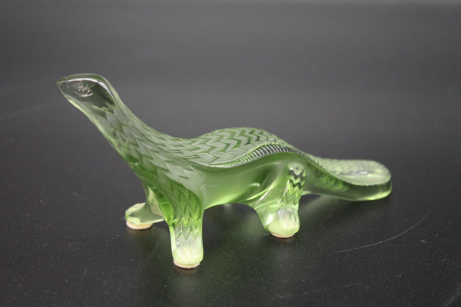 Lalique Crystal Salamander Figurine: Lalique Crystal Salamander Figurine, green frosted glass, Lalique France script signature on bottom. Size: 3" H x 6.75" W x 2.25" D.