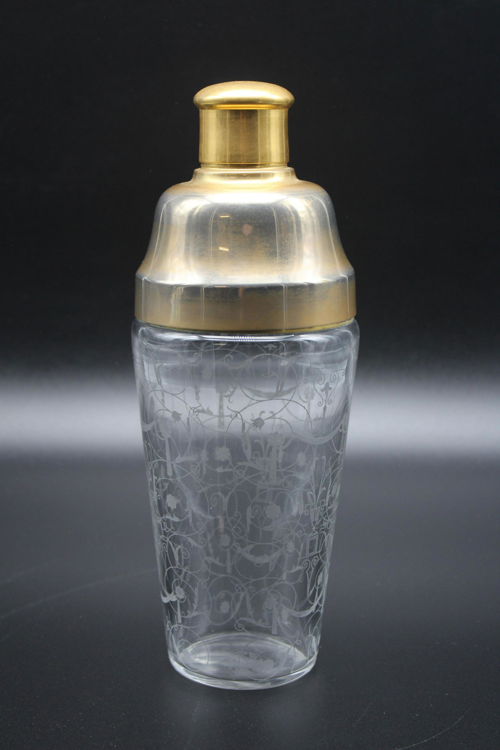 Baccarat Etched Crystal Cocktail Shaker: Baccarat Etched Crystal Cocktail Shaker, etched in the Michelangelo pattern, acid stamped on bottom Baccarat France. Size: 10.5" H x 4" Diameter.