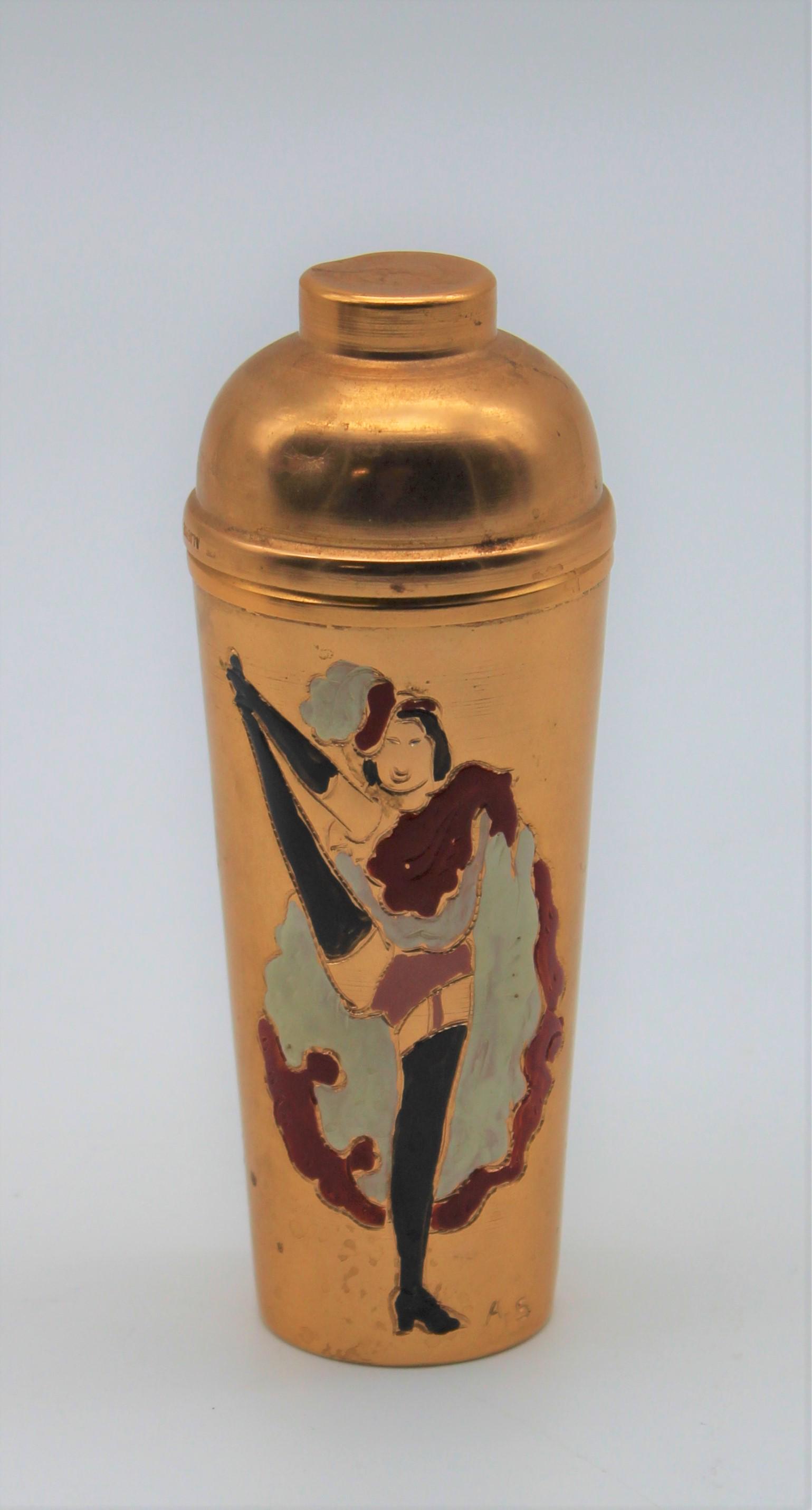 French Copper Flapper Cocktail Pick Holder: French Copper Flapper Cocktail Pick Holder, decorative small copper cocktail pick holder in the form of a cocktail shaker, depicting a painted flapper on front, initial A.S. below dancer, impressed ma