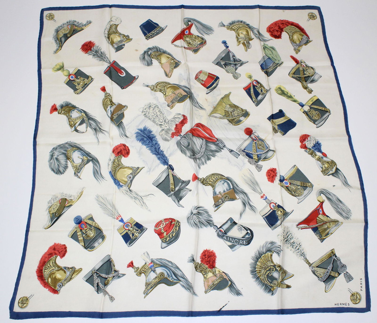 Hermes Silk Scarf Casques et Coiffures Militaires: Hermes Silk Scarf Casques et Coiffures Militaires, Made in France. Size: 33" H x 35" W.