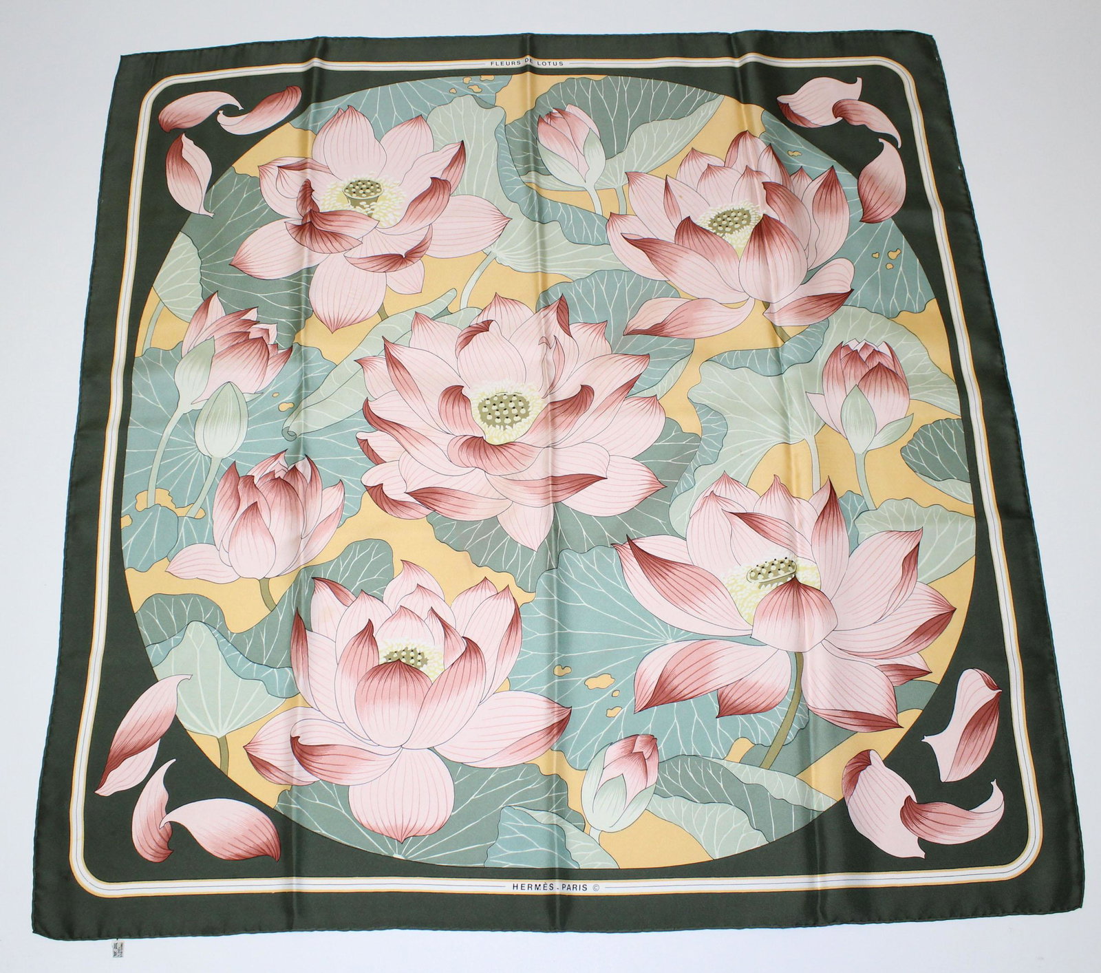 Hermes Paris Silk Scarf Fleurs De Lotus: Hermes Paris Silk Scarf Fleurs De Lotus, designed by Christine Vauzelles, green border, size: 35" H x 35" W.