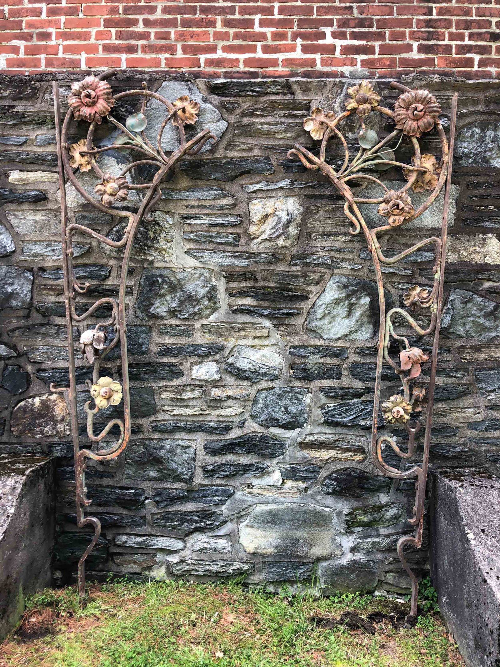 Antique 1903 Lugano Swiss Foliate WI Arbor: A very rare and fine example marked Ambrosetti Lugano 1903 Italian/ Swiss naturalistic wrought iron two part arbor architectural garden elements having elegant faux bois wrought iron branches, vines a