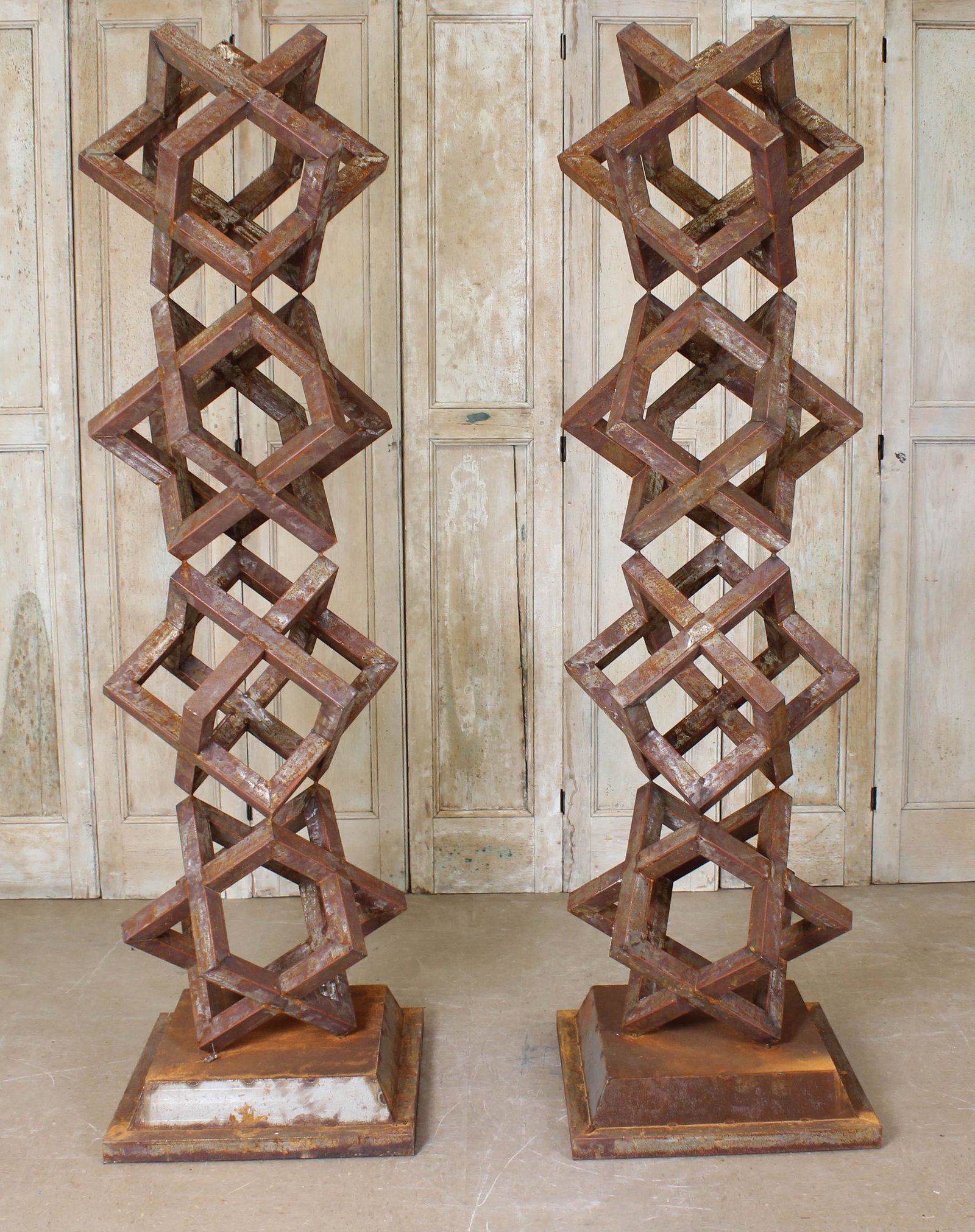 Pair Tumbling Block Sculptures: A pair of large scale iron abstract tumbling blocks garden sculpture. Great graphic design. 92" x 26" x 26"