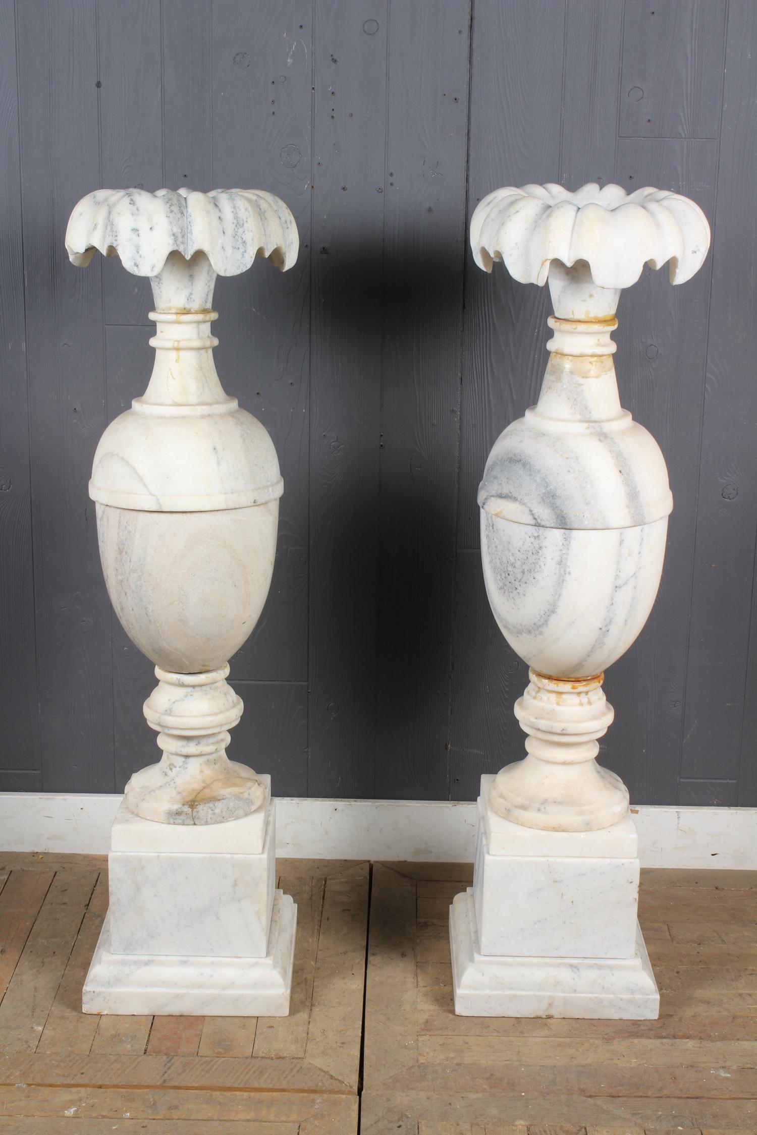 Pair Alabaster Balustrade Form Urns on Plinths: Pair Alabaster Balustrade Form Urns on Plinths. Size: 47" H x 12" W x 12" D