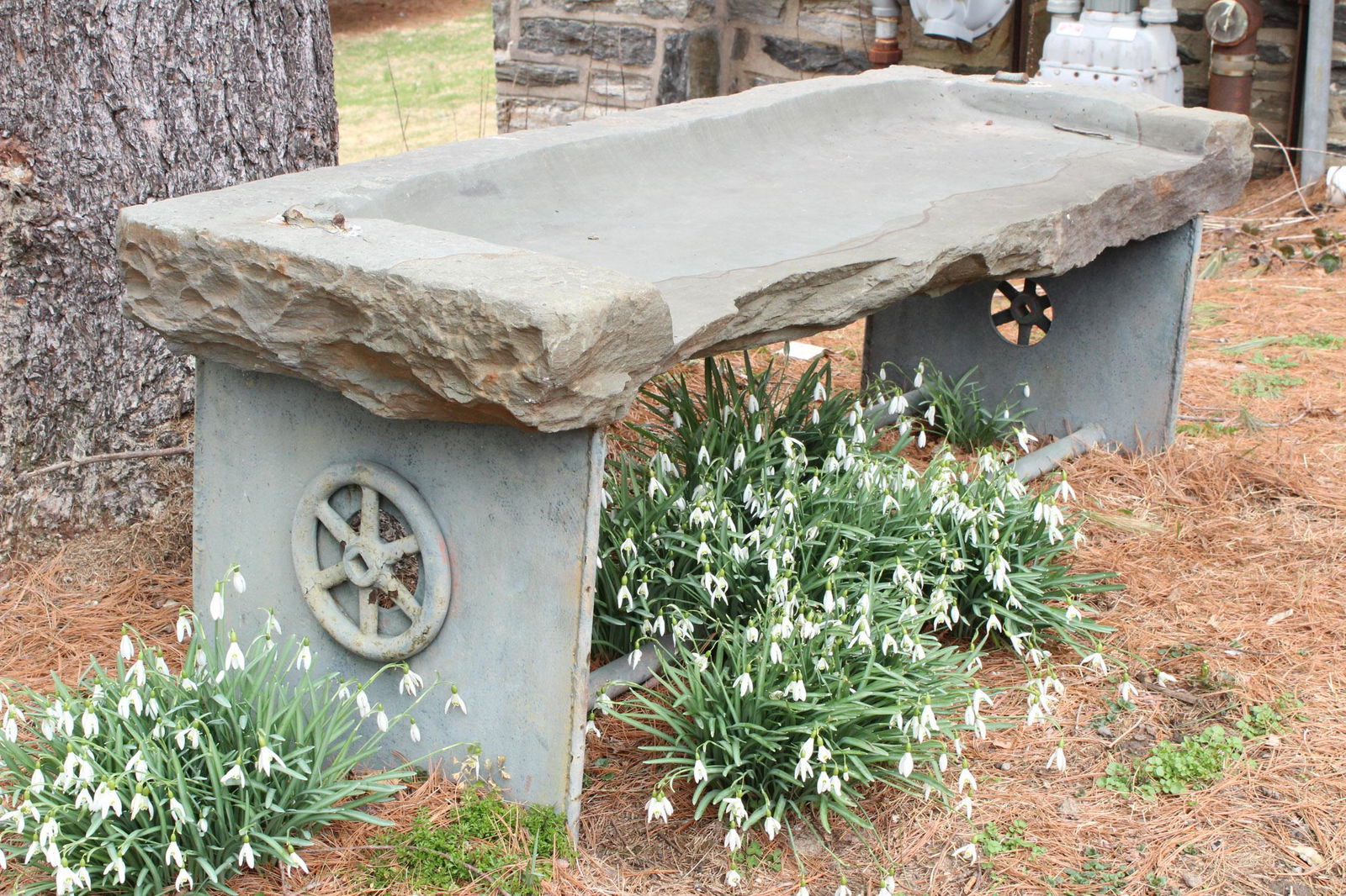 Carved Stone and Cast Iron Garden Bench (1 of 3)