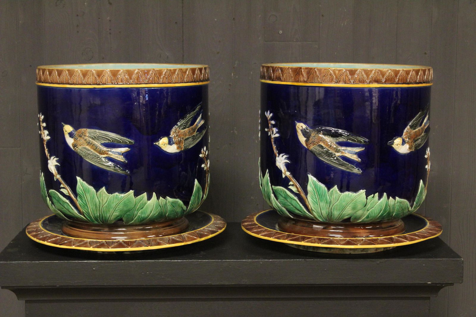 Pair Holdcroft Swallows Motif Majolica Planters (1 of 8)
