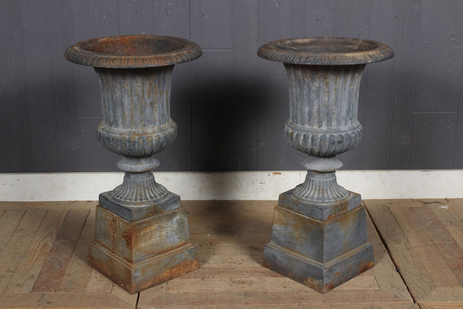 Pair Small Cast Iron Urns on Bases (1 of 4)