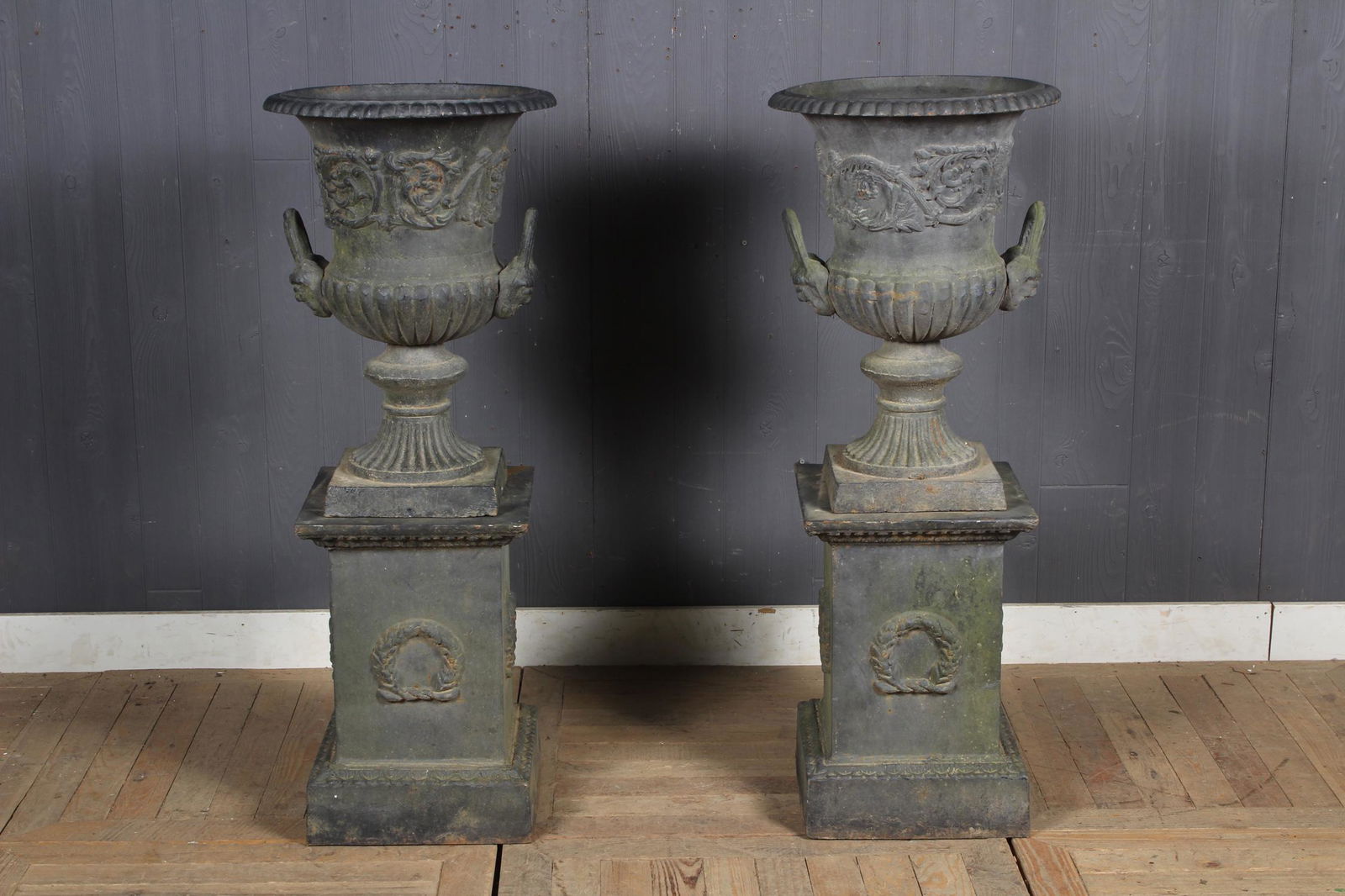 Pair of Handled Cast Iron Urns (1 of 6)