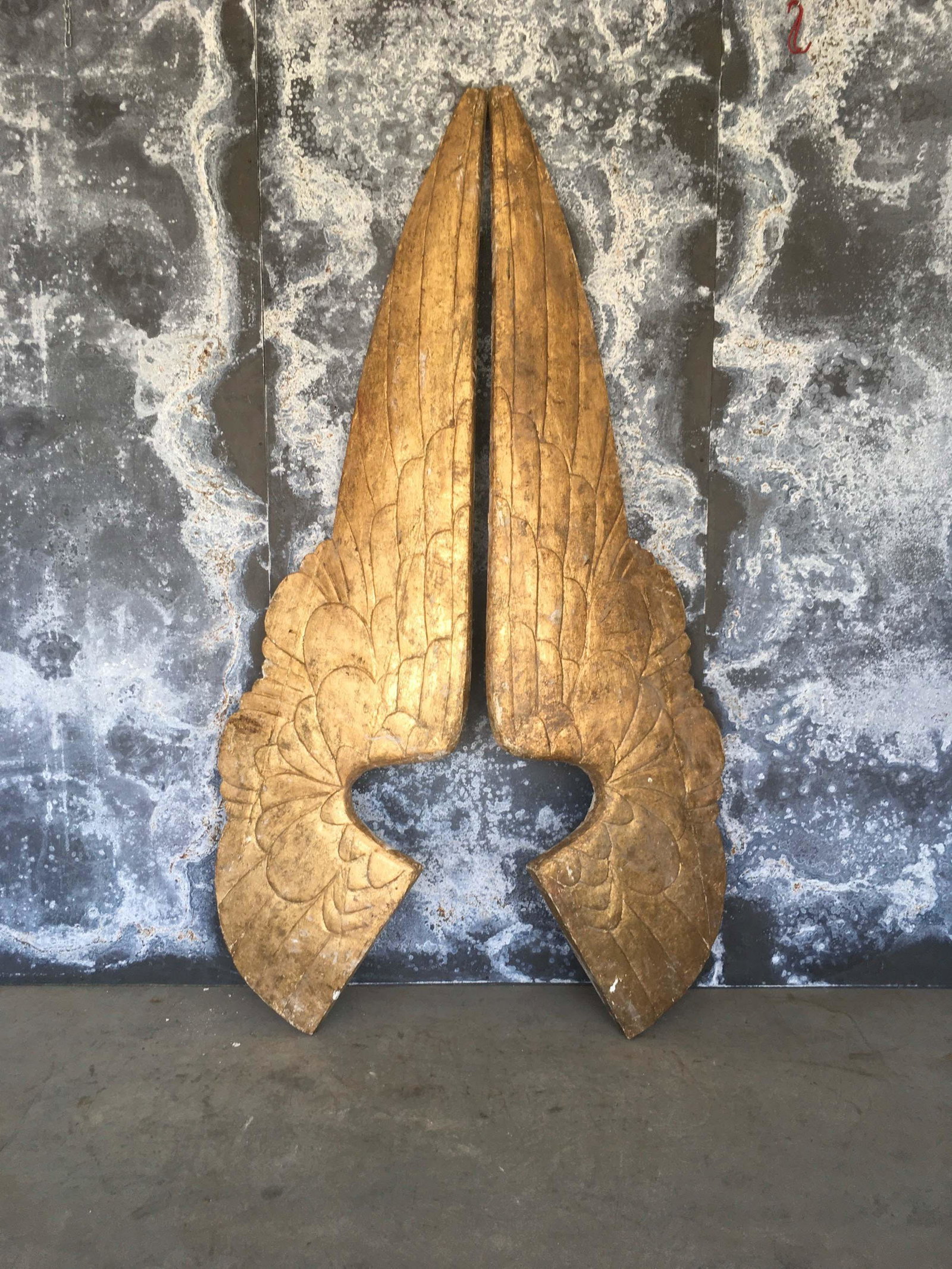 Decorative Carved and Gilt Wood Wings: Decorative Carved and Gilt Wood Wings. Size: 99.5" x 26" at widest point each.