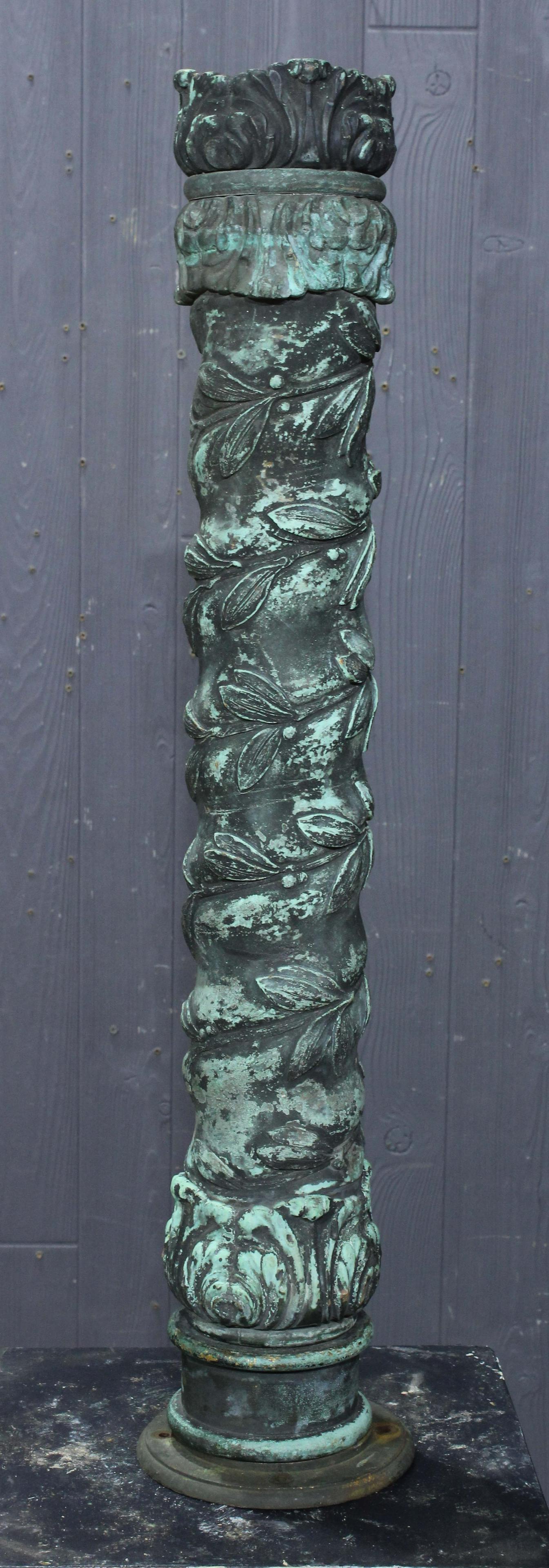 Bronze Column: A turn of the century bronze column with acanthus leaf and barley twist design. Size: 30"H x 5"Dia.