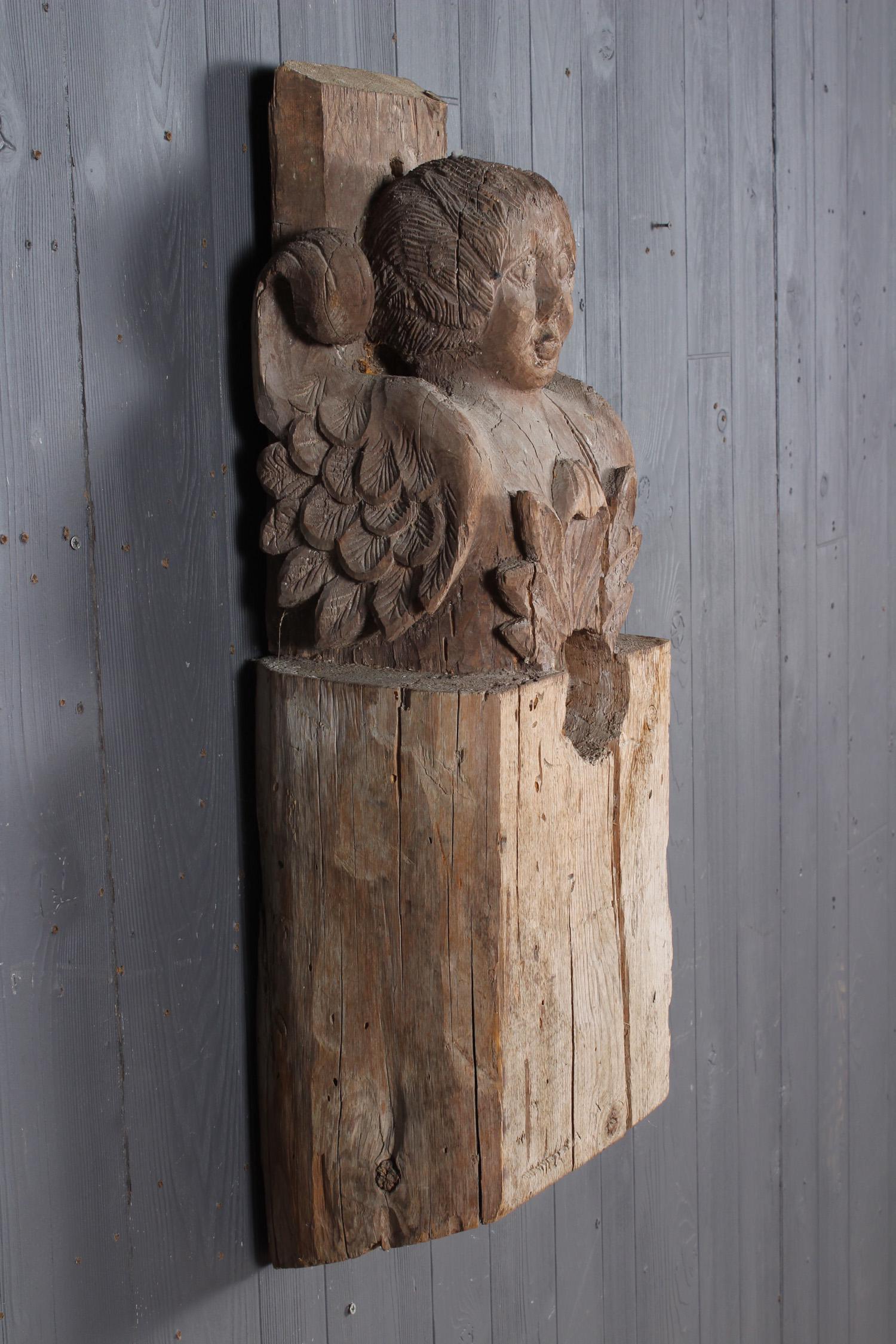 Carved Wood Figural Angel Corbel: Carved Wood Angel. Size: 33" H x 11" W x 8.5" D