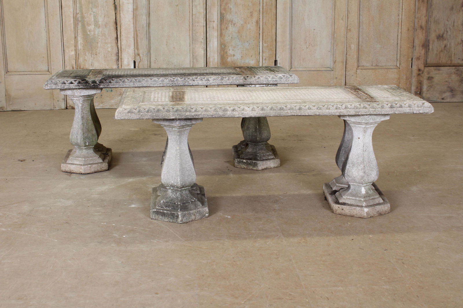 Pair Crushed Stone Benches Balustrade Motif (1 of 5)