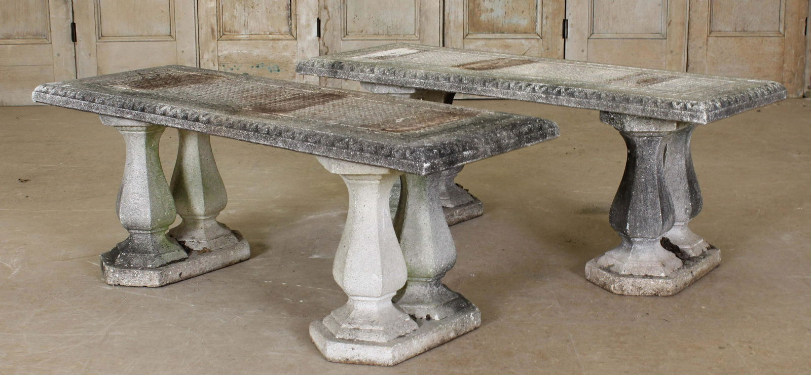 Pair Crushed Stone Benches Balustrade Motif (1 of 6)