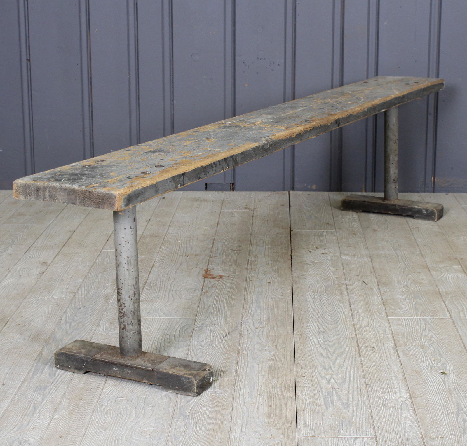 Vintage Painted Wood Plank Top Bench w Iron Base (1 of 5)