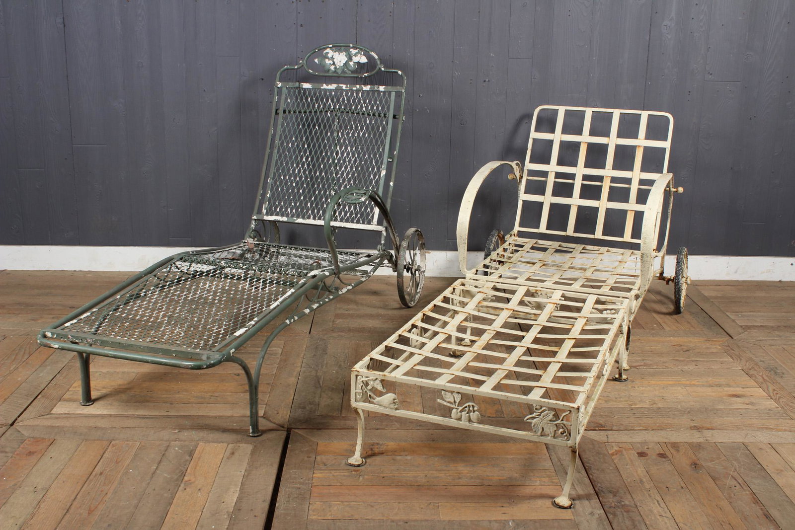 2 Salterini Lounge Chairs: 2 Salterini Lounge Chairs. Size: Largest: 39.5" H x 28" W x 63" D