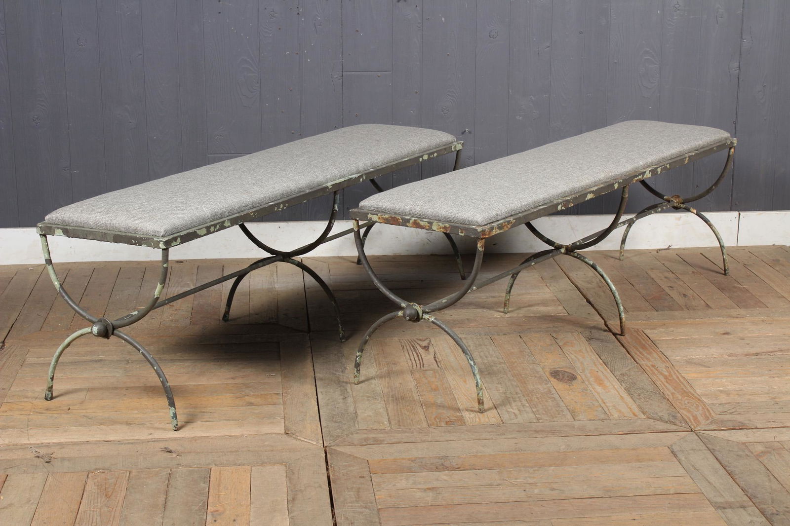 Pair Cushioned Wrought Iron Benches (1 of 4)