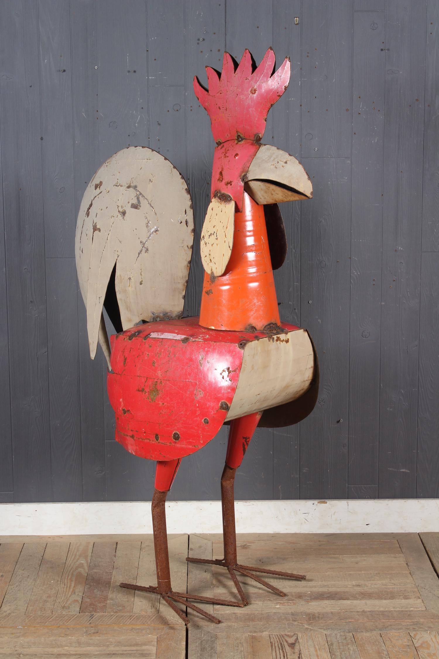Folk Art Steel Cockerel Garden Sculpture: A large whimsical painted iron rooster garden sculpture Size: 63" H x 17" W x 33" D