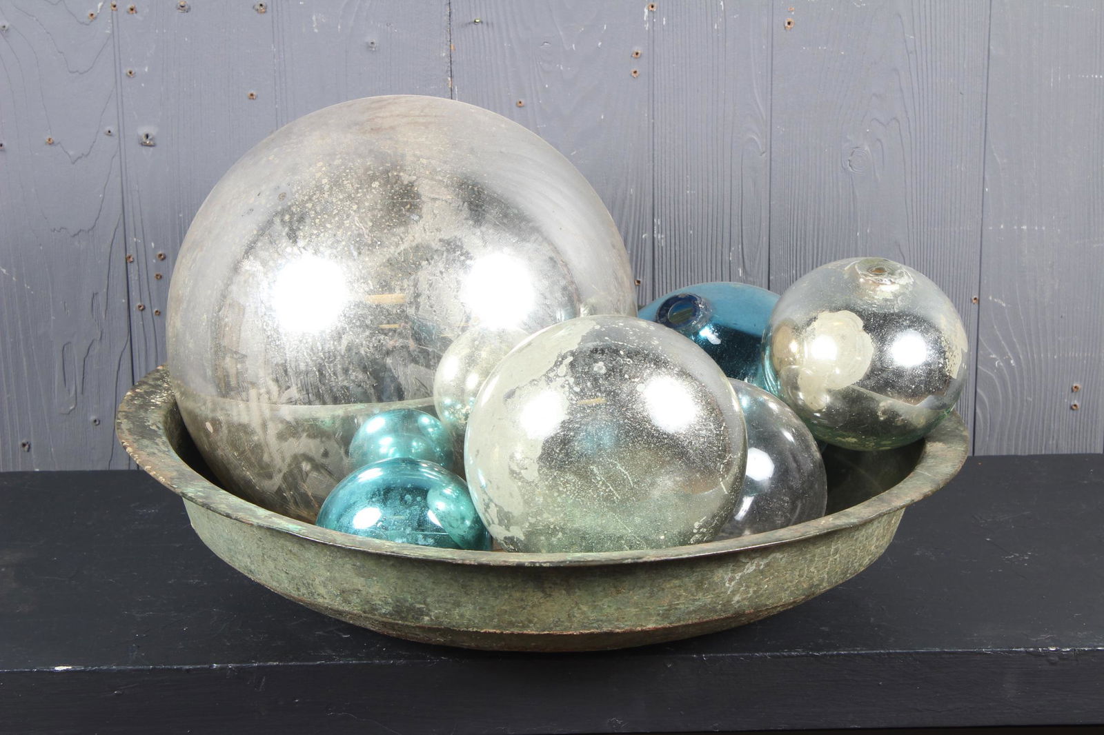 Copper Bowl with Various Mercury Glass Orbs (1 of 4)