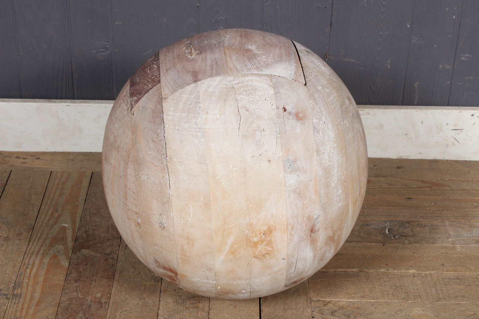 Whitewashed Wood Sphere: A carved and shaped wood sphere of laminated block construction. Size: 16" Diameter