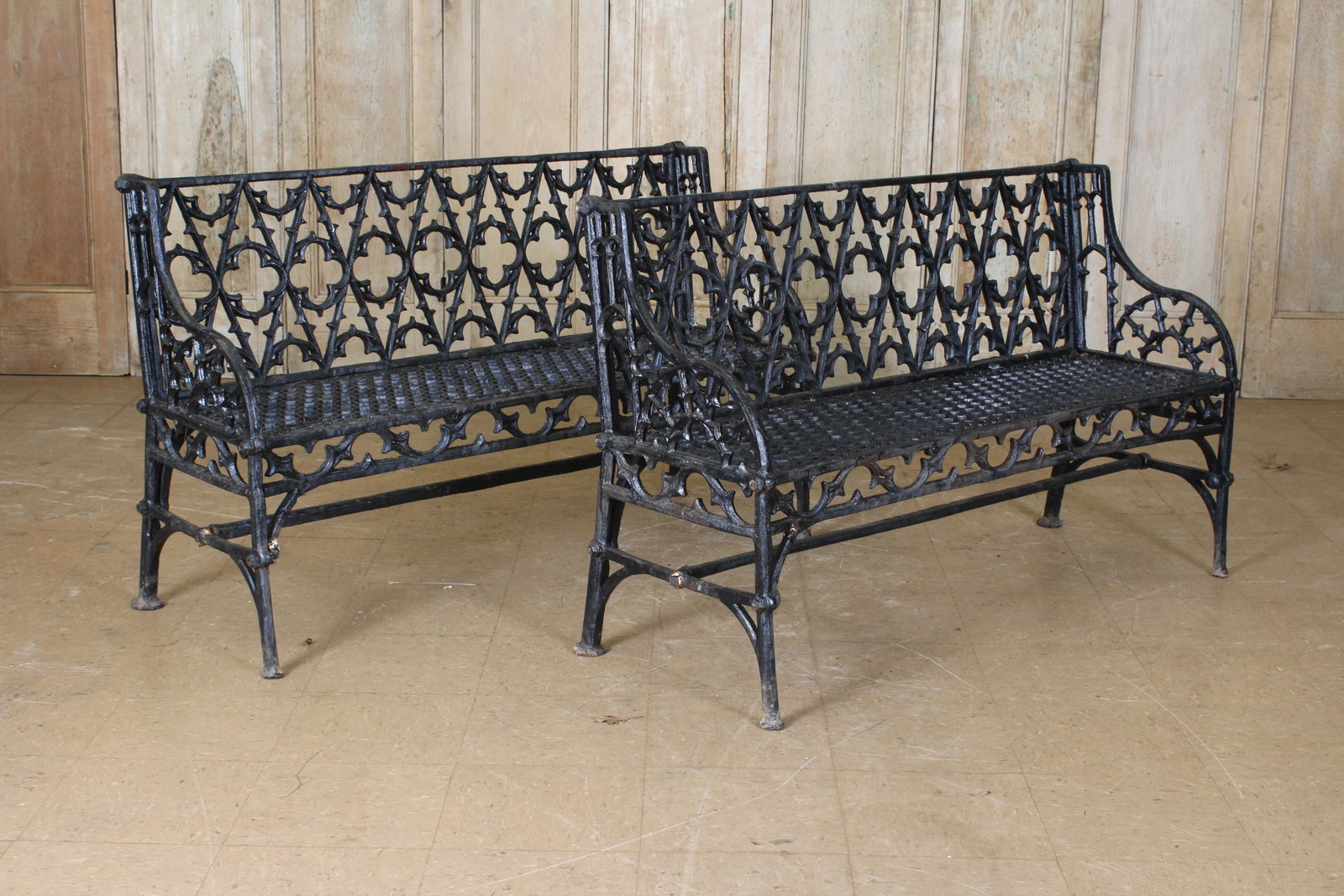 Pair Gothic Style Cast Iron Garden Benches: Pair Gothic Style Cast Iron Garden Benches. Size: 34" x 55" x 20"