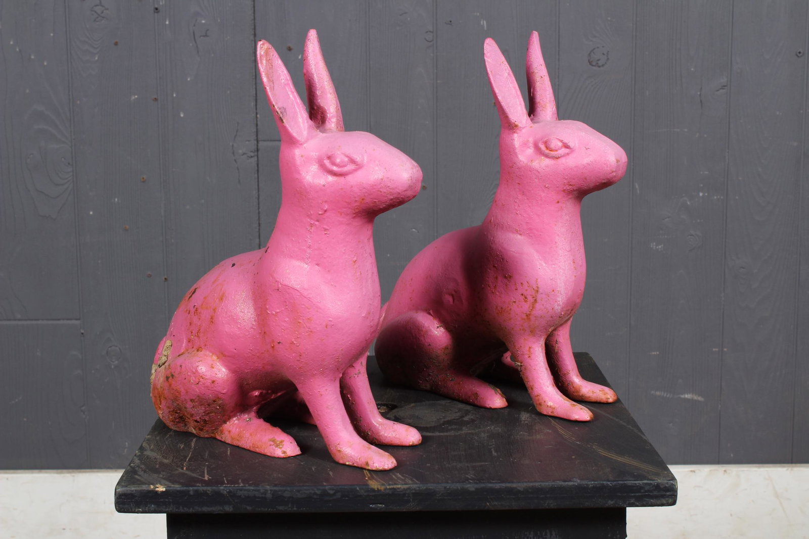 Pair Paint Decorated Cast Iron Rabbits: Pair Cast Iron Rabbits. Size: 11.5" H x 5" W x 9.5" D