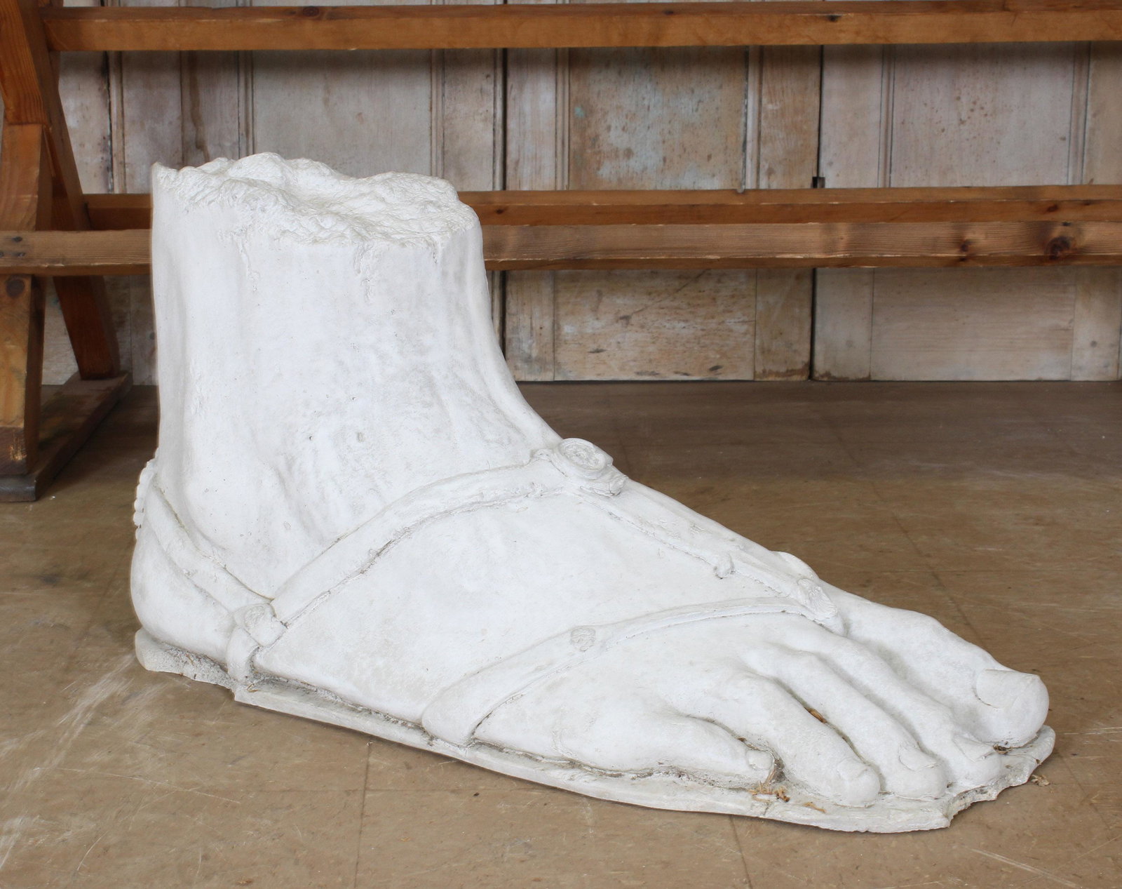 Monumental Roman Foot Sculptural Fragment: Monumental Roman Foot Sculptural Fragment, Neoclassical with strap sandal. Size: 20" x 36" x 12"