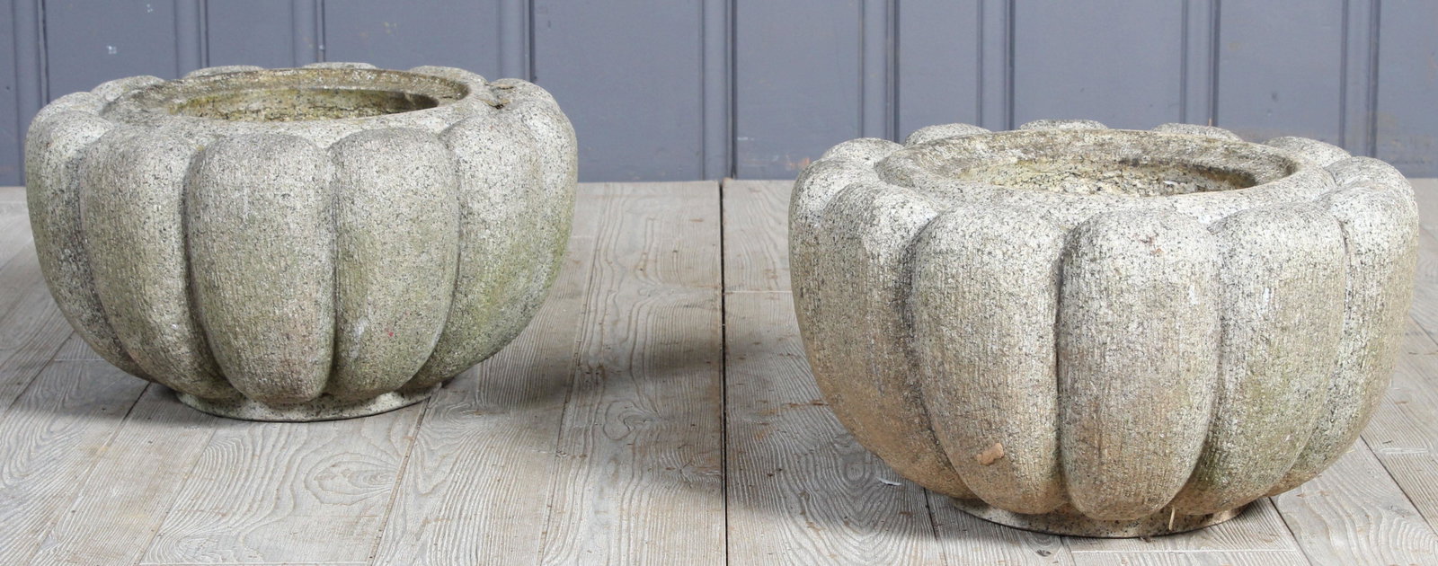 Asian Inspired Melon Form Stone Garden Planters: Asian Inspired Melon Form Stone Garden Planters. Very heavy, probably granite. Size: 10" H x 18" W x 18" D