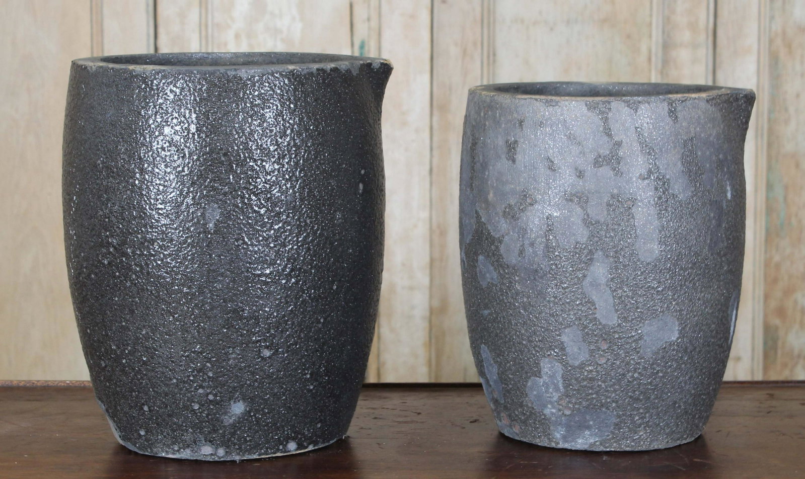 Pair Basalt Pumice Crucible Planters: Pair Basalt Pumice Crucible Planters, both with impressed numbers inside. Size: larger 12.25" H x 9.5" W