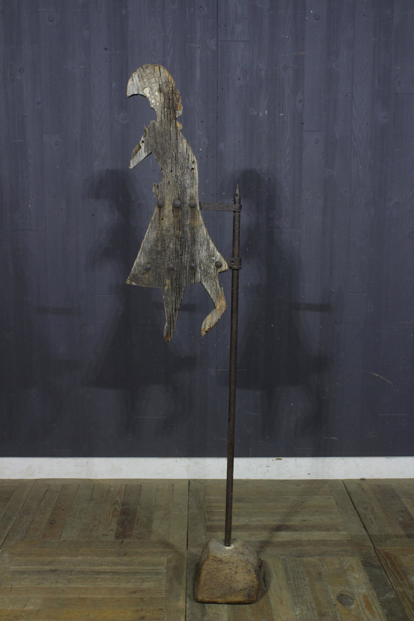 Early Antique Witch Weathervane: Early Antique Witch Weathervane. Wood and wrought Iron. Size: 72.5"H x 15"W x 8"D