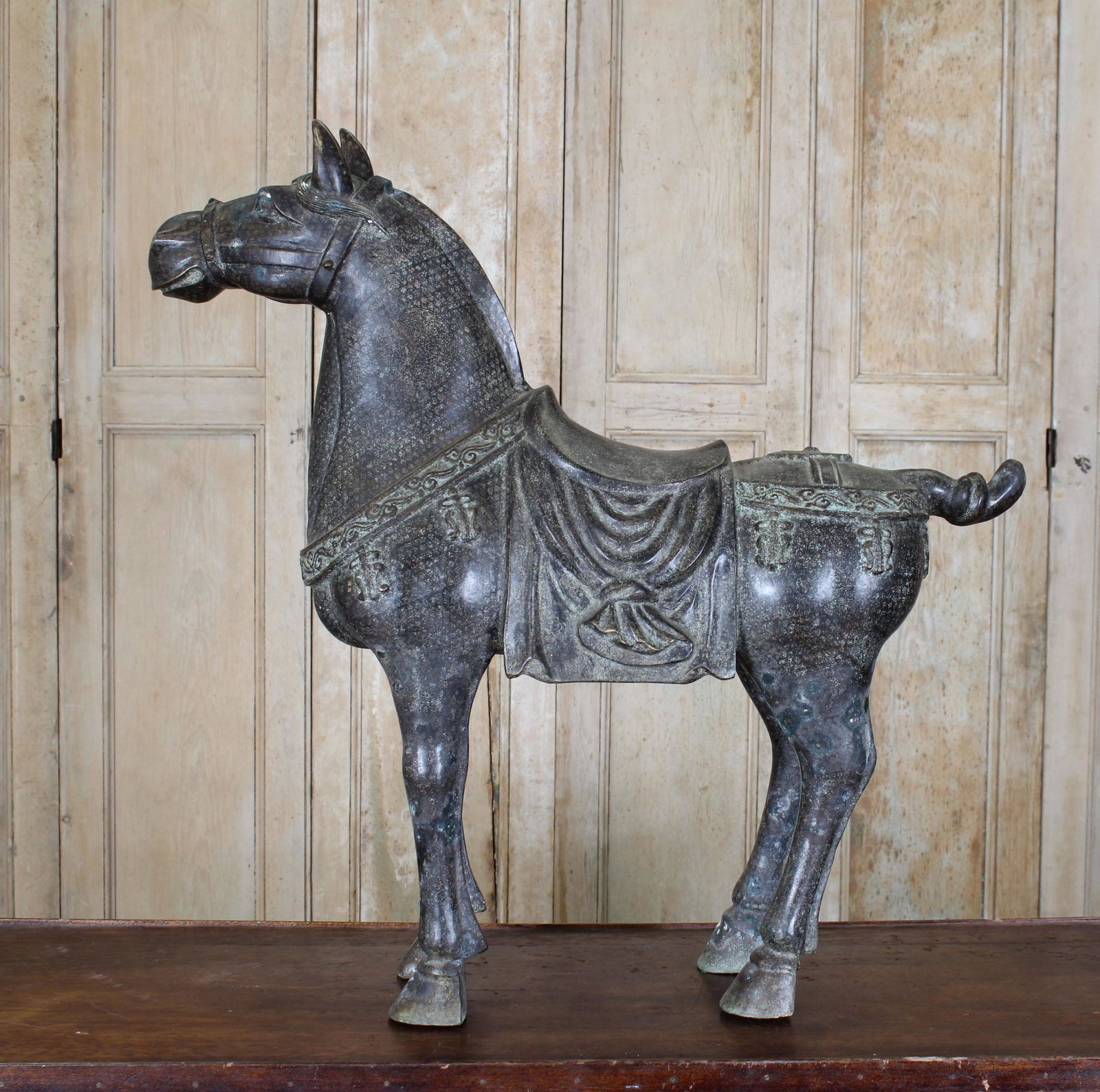 Chinese Bronze Horse Sculpture: Chinese Bronze Horse Sculpture, hallmark above tail. Size: 31" H x 31" W x 9" D