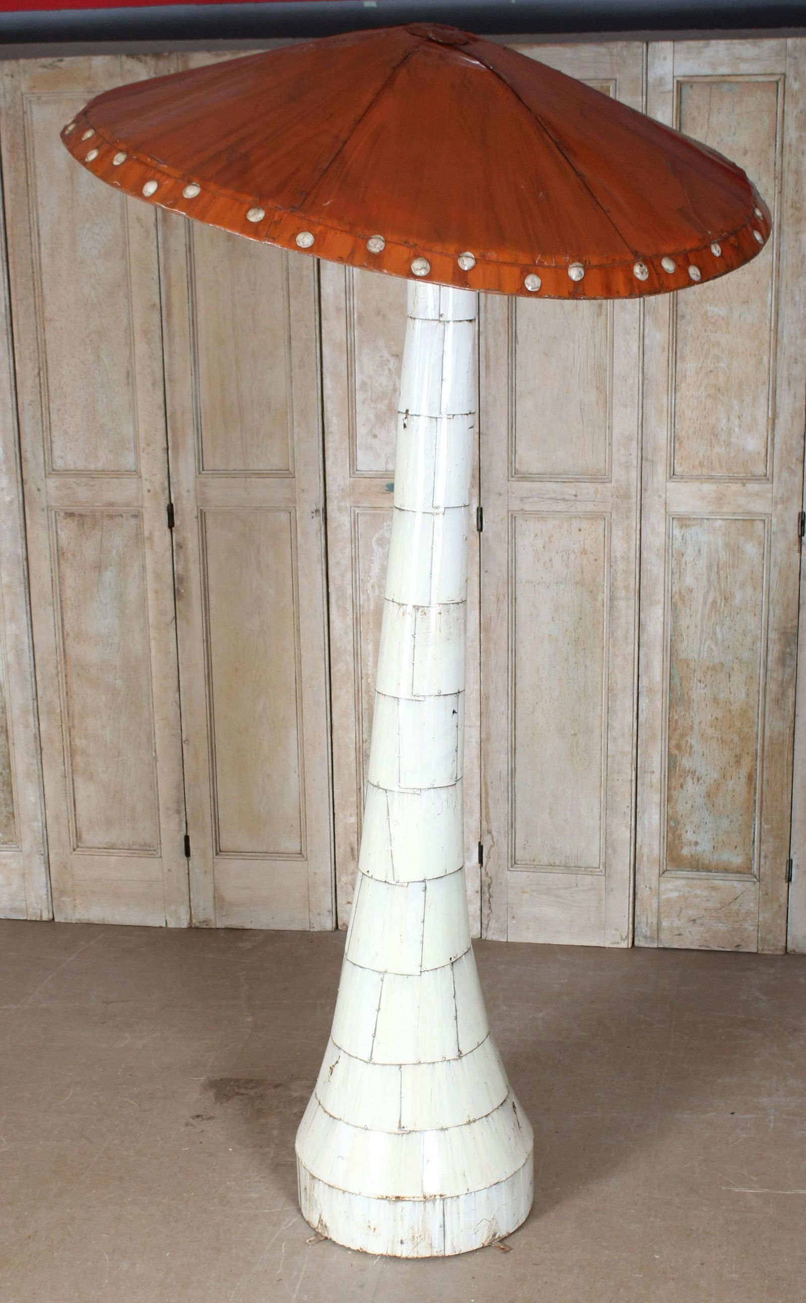 Monumental Patchwork Steel Mushroom Ornament: A fun and whimsical monumental painted metal mushroom garden sculpture. 111" dia.