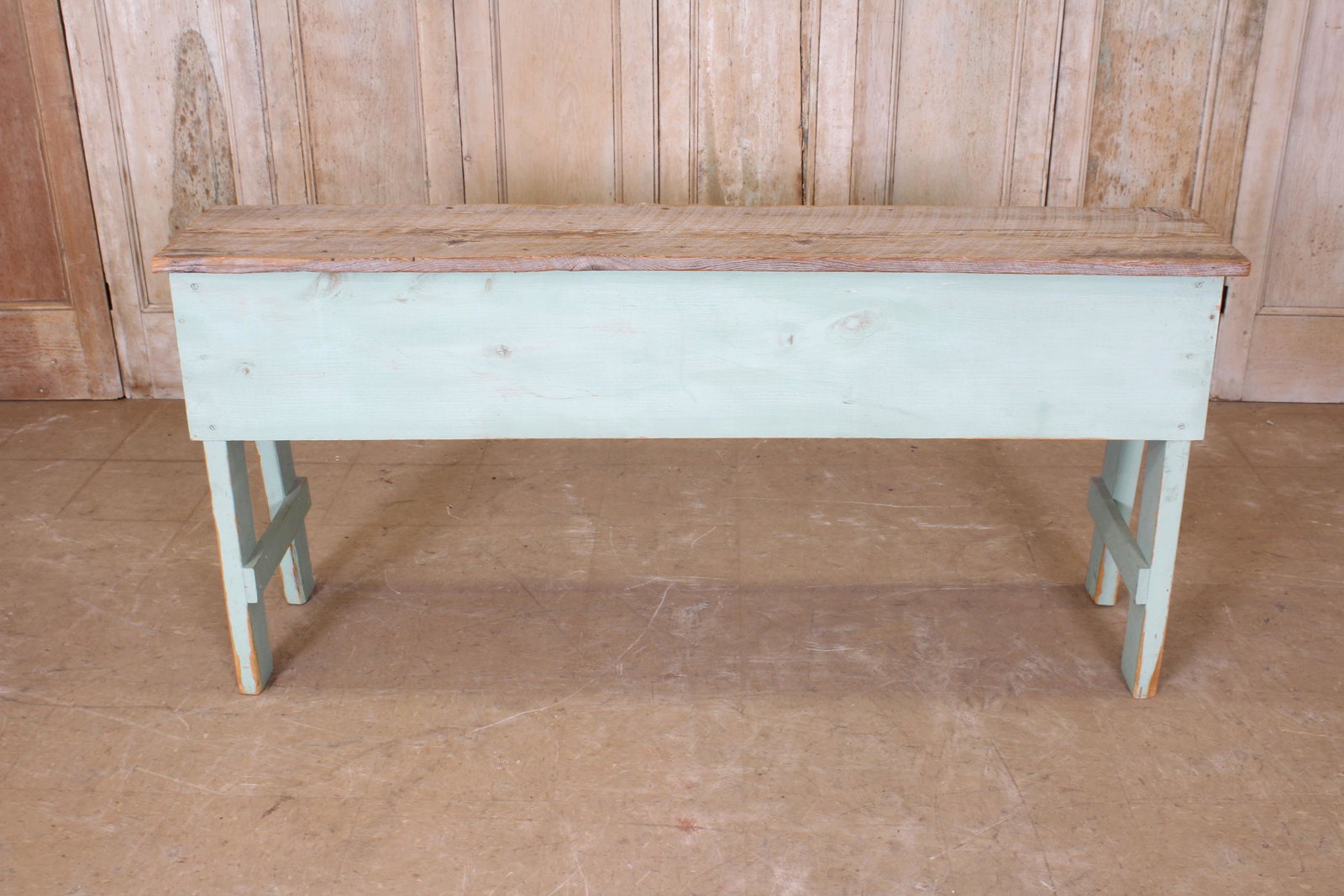 Reclaimed Barn Wood Country Console: Reclaimed Barn Wood Country Console. Top is of weathered barn wood and supported by newer pine frame. Size: 31.5" x 68" x 15"